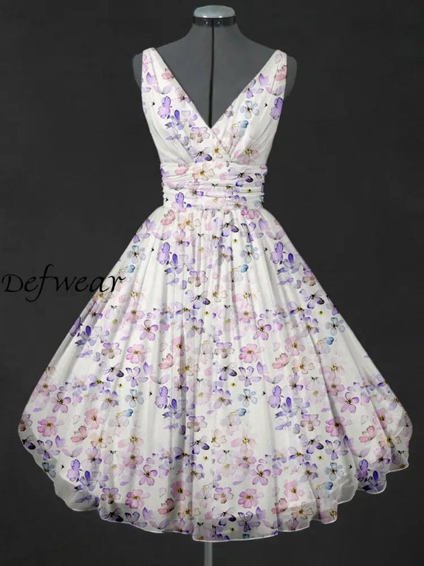 Retro Floral Printed V-Neck 50’S Vintage Fashion Sleeveless Midi Dress A / S