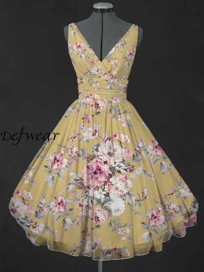 Retro Floral Printed V-Neck 50’S Vintage Fashion Sleeveless Midi Dress A / S