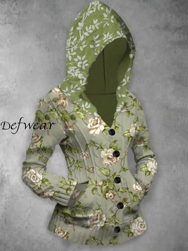 Retro Floral Printed V-Neck Button Up Texture Casual Long-Sleeved Hooded Sweatshirt A / S