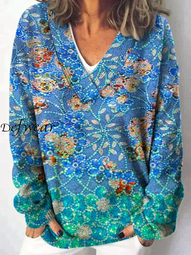 Retro Floral Printed V-Neck Casual Comfortable Long-Sleeved Loose Sweatshirt A / S