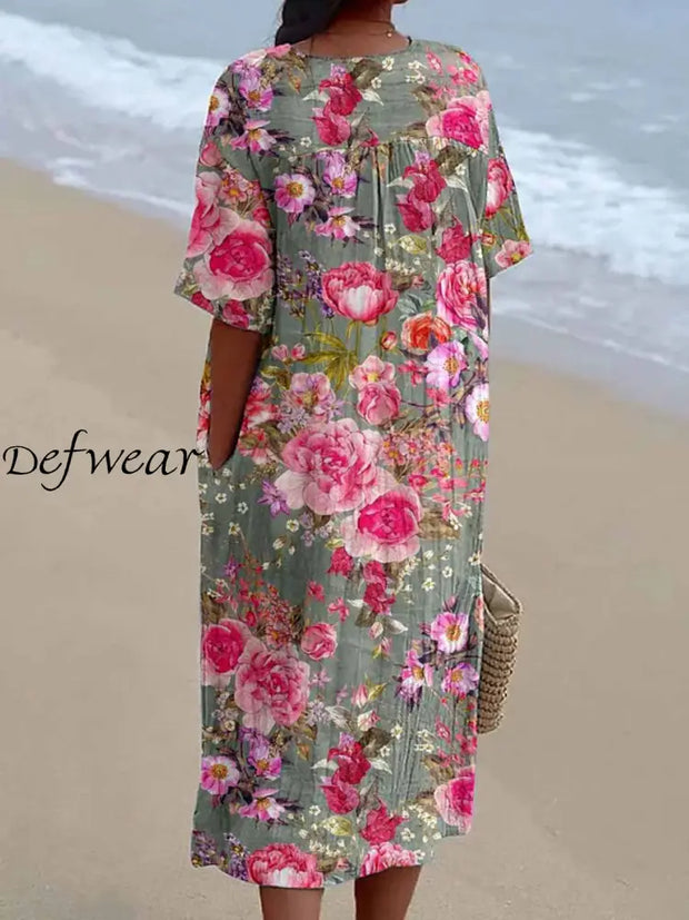 Retro Floral Printed V-Neck Elegant Chic Loose Short Sleeve Midi Dress