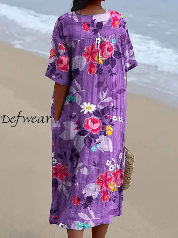 Retro Floral Printed V-Neck Elegant Chic Loose Short Sleeve Midi Dress