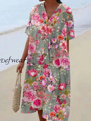 Retro Floral Printed V-Neck Elegant Chic Loose Short Sleeve Midi Dress A / S