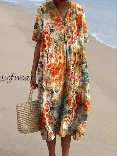 Retro Floral Printed V-Neck Elegant Chic Loose Short Sleeve Midi Dress A / S