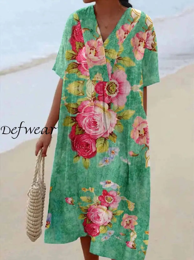 Retro Floral Printed V-Neck Elegant Chic Loose Short Sleeve Midi Dress A / S