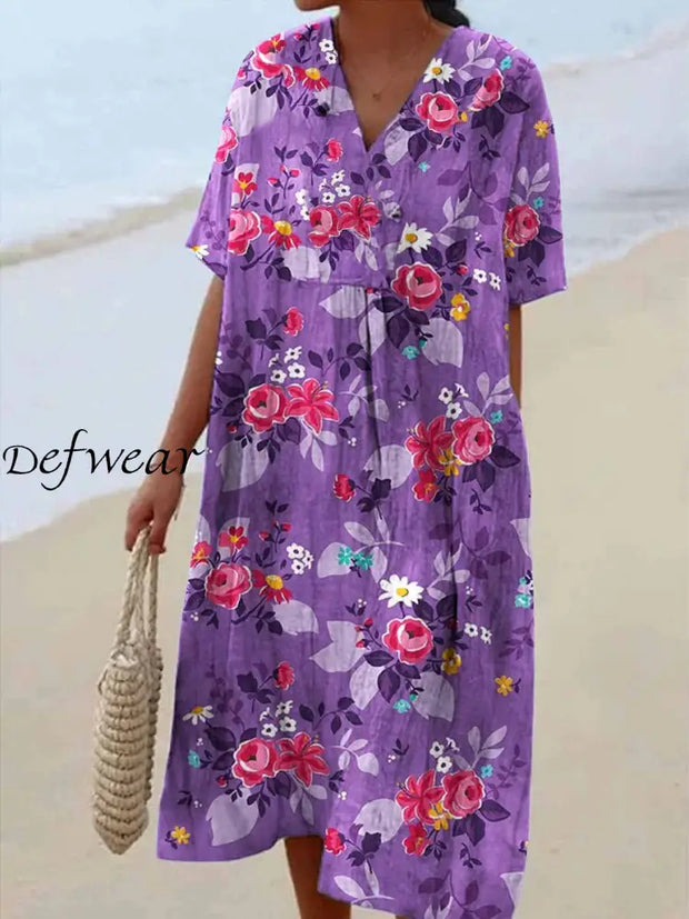 Retro Floral Printed V-Neck Elegant Chic Loose Short Sleeve Midi Dress A / S