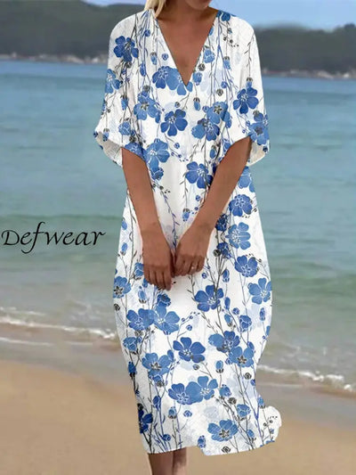 Retro Floral Printed V-Neck Elegant Silk Loose Short Sleeves Midi Dress A / S