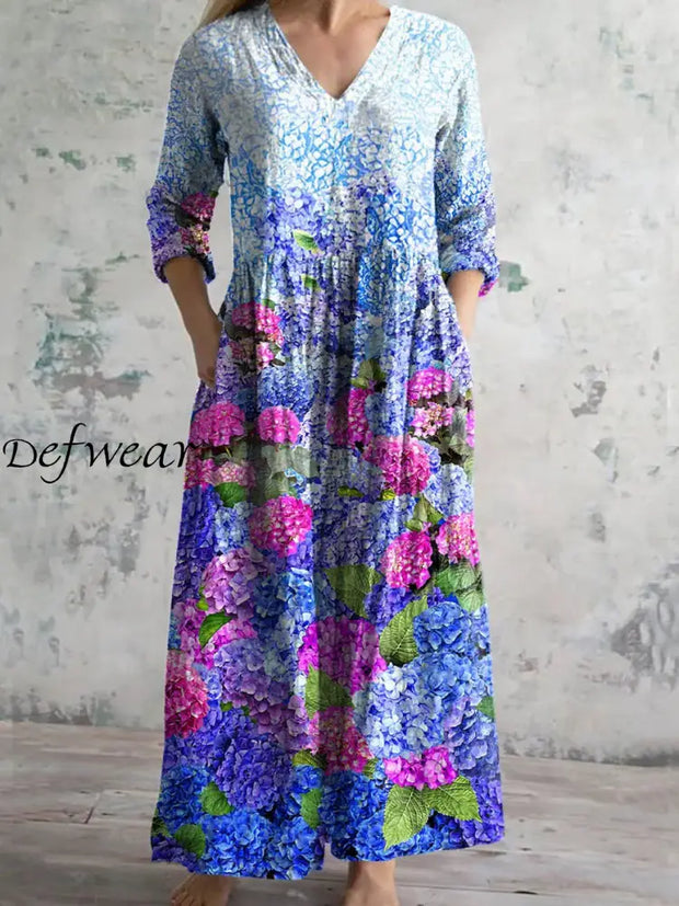 Retro Floral Printed V Neck Vintage Elegant Long Sleeve Midi Dress A / S