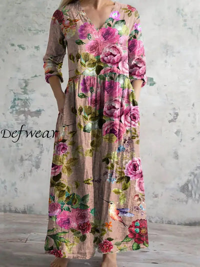 Retro Floral Printed V Neck Vintage Elegant Long Sleeve Midi Dress A / S