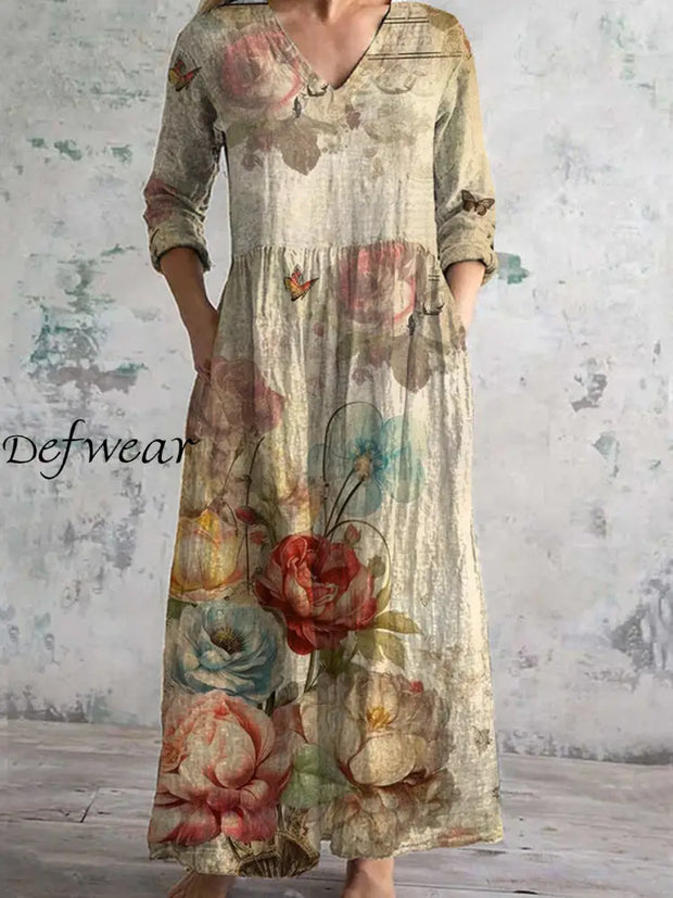 Retro Flower Art Printing Better V -Neck Three -Quarter Sleeve Elegant And Medium -Length Dress A /