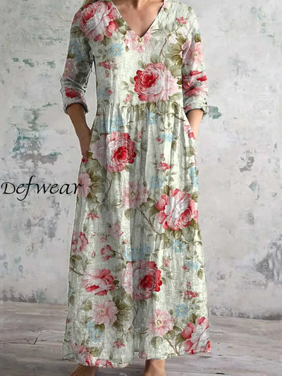 Retro Flower Art Printing Better V -Neck Three -Quarter Sleeve Elegant And Medium -Length Dress A /