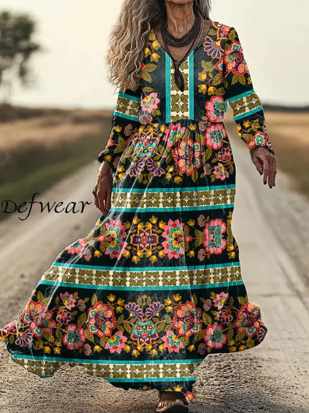 Retro Glam Bohemian Ethnic Graphic Print Midi Dress As Picture / S