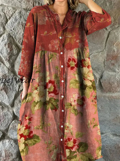 Retro Glam Floral Art Print Vintage Chic V-Neck Button Up Long Sleeve Midi Dress A / S