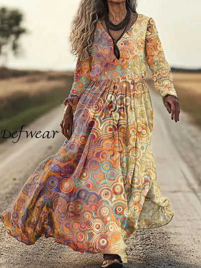 Retro Gorgeous Colorful Pattern Print Midi Dress As Picture / S