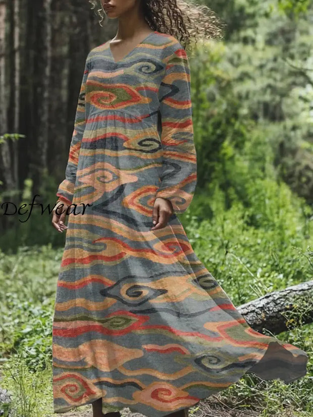 Retro Gorgeous Colorful Pattern Print Midi Dress As Picture / S