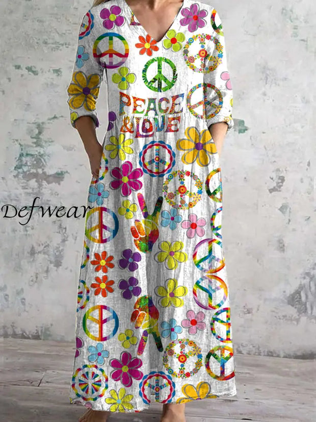 Retro Hippie Art Print Chic V-Neck Three-Quarter Sleeve Elegant Mid-Length Dress A / S