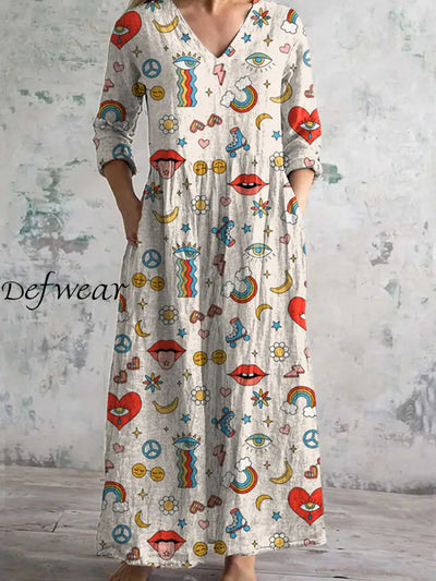 Retro Hippie Art Print Chic V-Neck Three-Quarter Sleeve Elegant Mid-Length Dress A / S