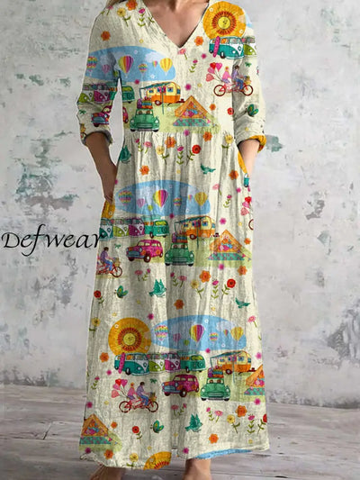 Retro Hippie Art Print Chic V-Neck Three-Quarter Sleeve Elegant Mid-Length Dress A / S