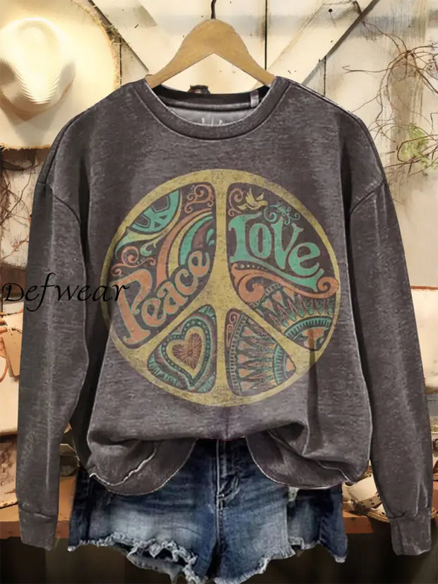 Retro Hippie Art Print Design Round Neck Long Sleeve Casual Sweatshirt A / S