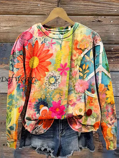 Retro Hippie Art Print Design Round Neck Long Sleeve Casual Sweatshirt A / S