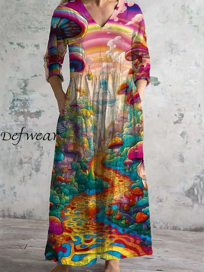 Retro Hippie Art Printed Chic V Neck Three Quarter Sleeve Elegant Midi Dress A / S