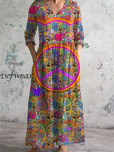 Retro Hippie Art Printed Chic V Neck Three Quarter Sleeve Elegant Midi Dress A / S