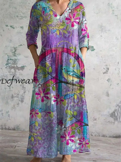 Retro Hippie Art Printed Chic V Neck Three Quarter Sleeve Elegant Midi Dress A / S