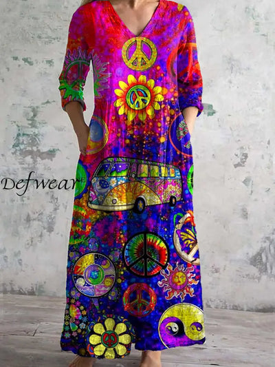 Retro Hippie Art Printed Chic V Neck Three Quarter Sleeve Elegant Midi Dress A / S