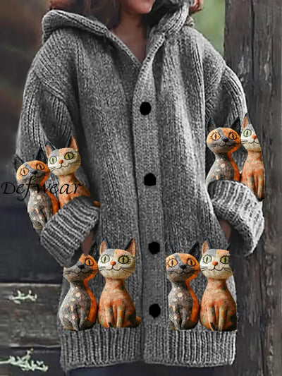 Retro Kitten Art Print Button Thick Long Sleeve Casual Hooded Cardigan A / S