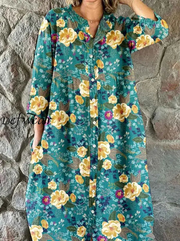 Retro Leaf Floral Print Vintage Chic V-Neck Button Up Long Sleeve Midi Dress A / S