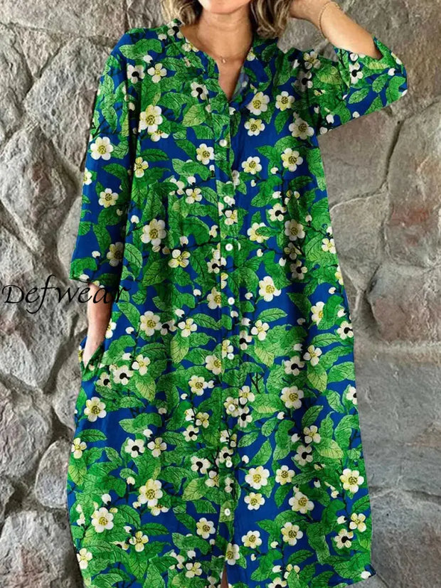 Retro Leaf Floral Print Vintage Chic V-Neck Button Up Long Sleeve Midi Dress A / S