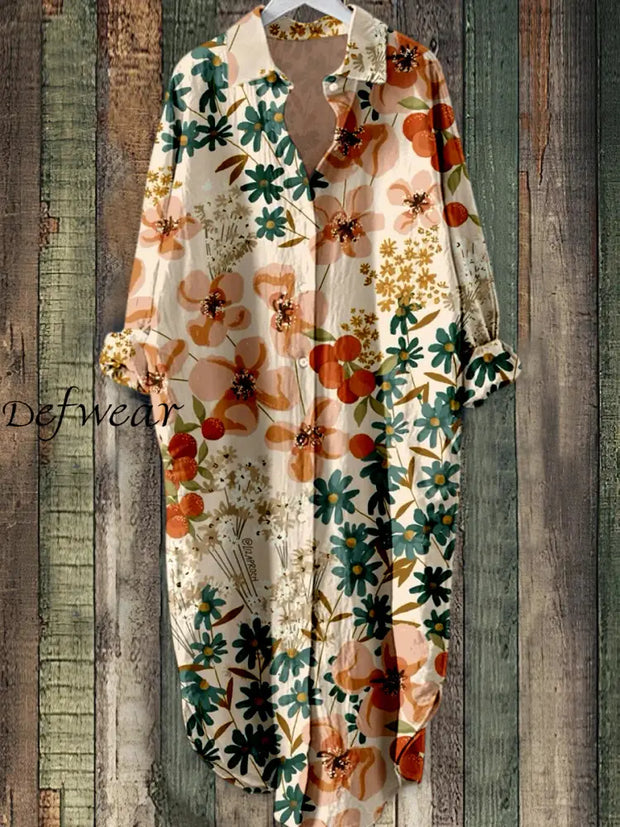 Retro Leaf Floral Printed Elegant Vintage Lapel Loose Long Sleeve Midi Shirt Dress A / S