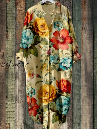 Retro Leaf Floral Printed Elegant Vintage Lapel Loose Long Sleeve Midi Shirt Dress A / S