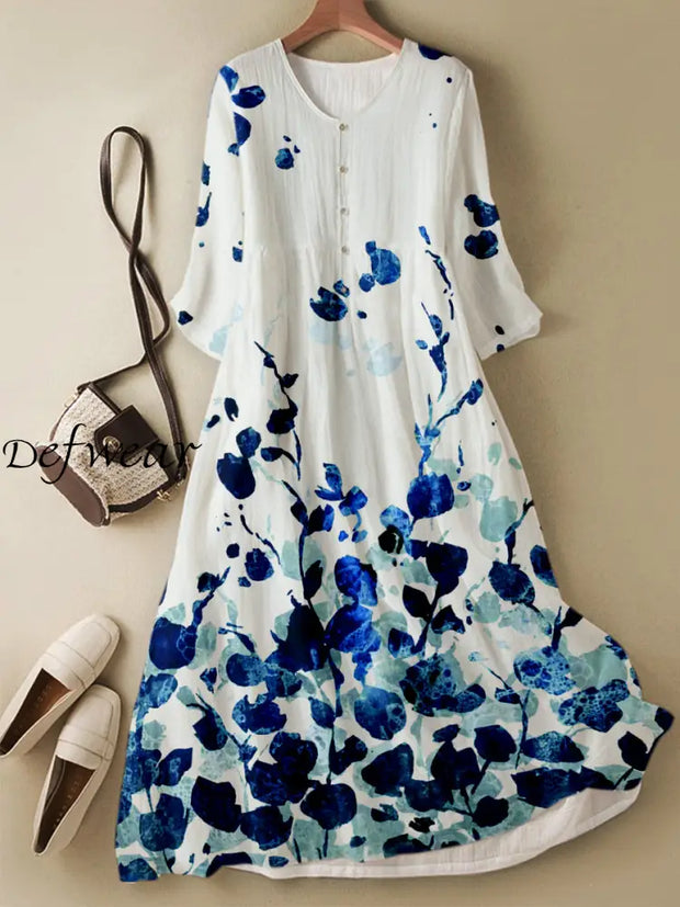 Retro Leaf Floral Printed V-Neck Button Elegant Chic Loose Long Sleeve Midi Dress A / S