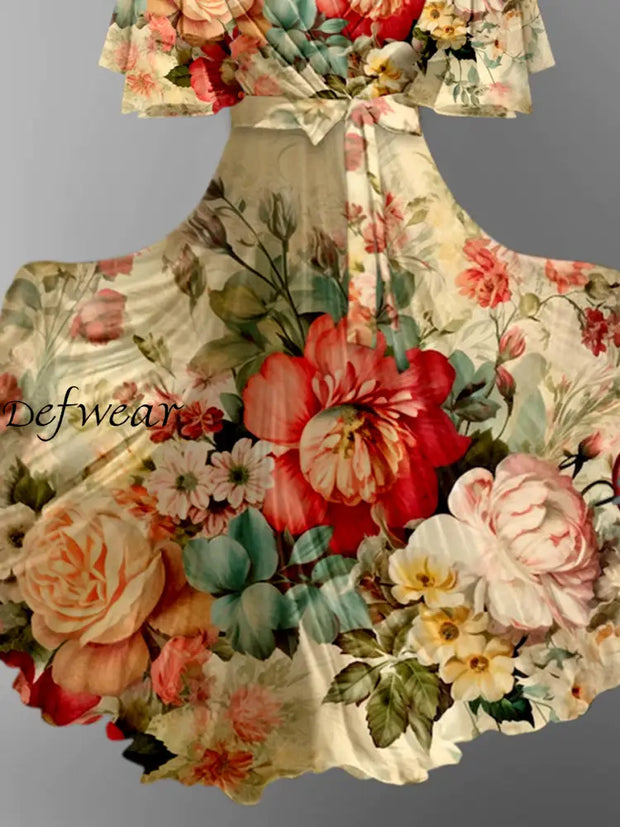 Retro Leaf Floral Printed V-Neck Vintage Chic Strap Short Sleeve Midi Dress