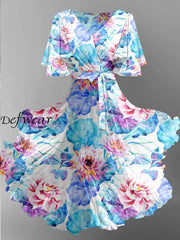 Retro Leaf Floral Printed V-Neck Vintage Chic Strap Short Sleeve Midi Dress A / S