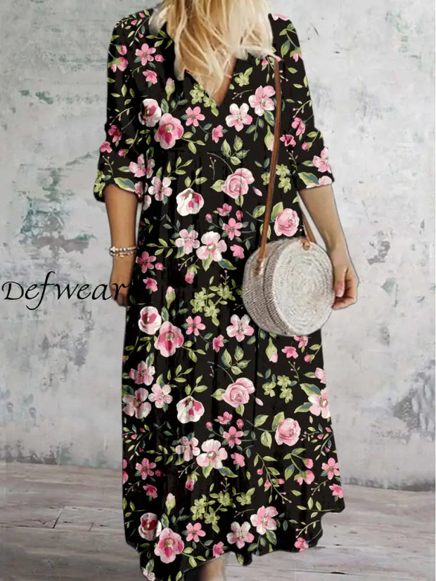 Retro Leaf Floral Printed V Neck Vintage Elegant Long Sleeve Midi Dress A / S