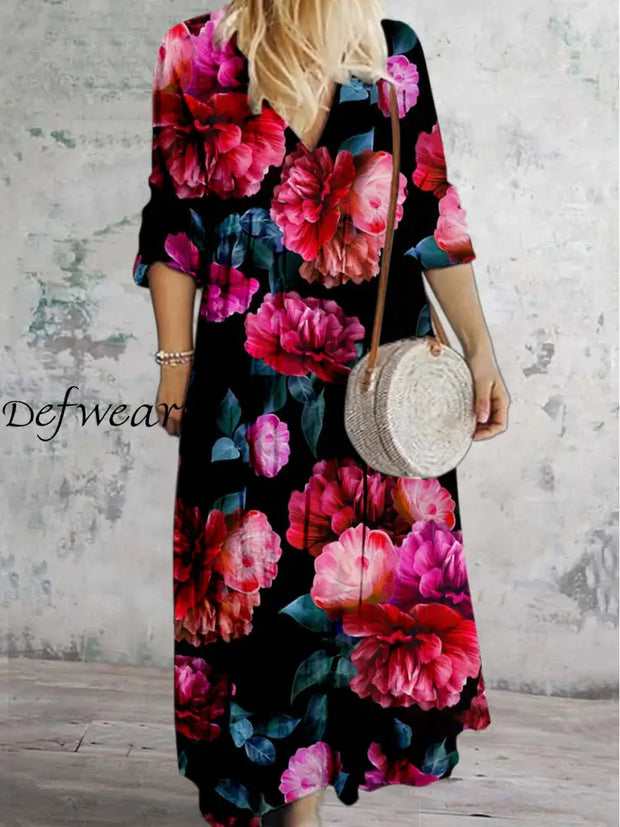 Retro Leaf Floral Printed V Neck Vintage Elegant Long Sleeve Midi Dress A / S