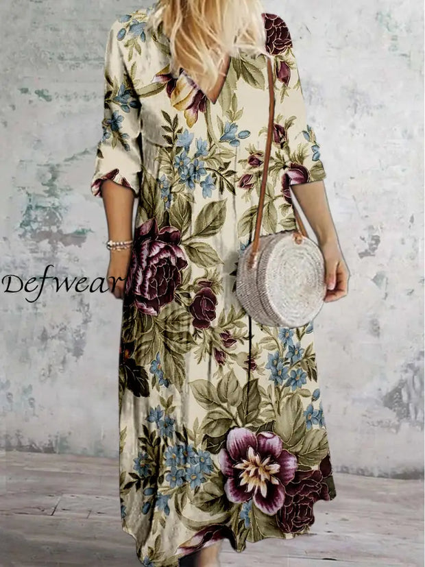 Retro Leaf Floral Printed V Neck Vintage Elegant Long Sleeve Midi Dress A / S