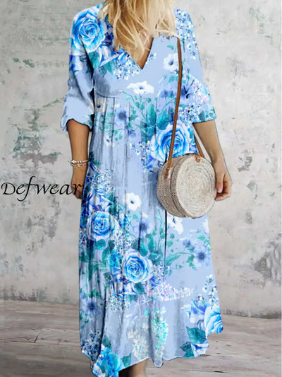 Retro Leaf Floral Printed V Neck Vintage Elegant Long Sleeve Midi Dress A / S