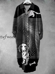 Retro Line Dog Art Print Chic Long Sleeve Casual V-Neck Buttoned Loose Shirt Dress