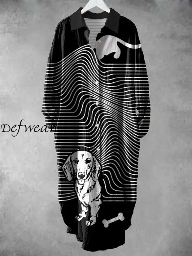 Retro Line Dog Art Print Chic Long Sleeve Casual V-Neck Buttoned Loose Shirt Dress