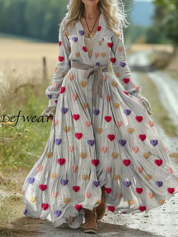 Retro Love Heart Print Vintage Chic Waist Strap V-Neck Cotton Long Sleeve Midi Dress A / S