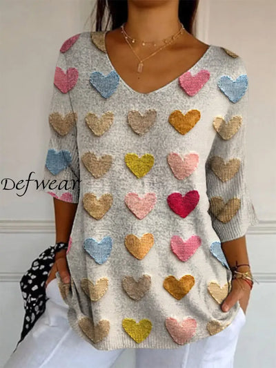 Retro Love Heart Printed V-Neck Loose Casual Mid-Length Sleeves Top A / S