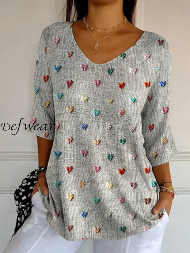 Retro Love Heart Printed V-Neck Loose Casual Mid-Length Sleeves Top A / S