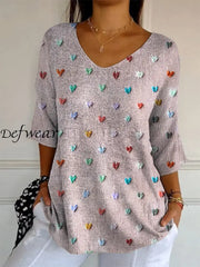 Retro Love Heart Printed V-Neck Loose Casual Mid-Length Sleeves Top B / S