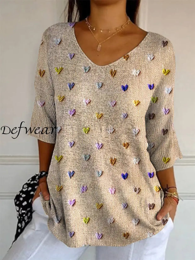 Retro Love Heart Printed V-Neck Loose Casual Mid-Length Sleeves Top C / S