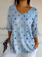 Retro Love Heart Printed V-Neck Loose Casual Mid-Length Sleeves Top D / S