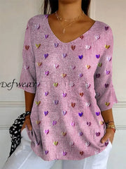 Retro Love Heart Printed V-Neck Loose Casual Mid-Length Sleeves Top E / S