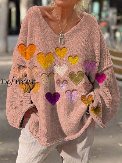 Retro Loving Heart Floral Print Vintage Loose Chic V-Neck Long Sleeve Thick Knit Sweater A / S